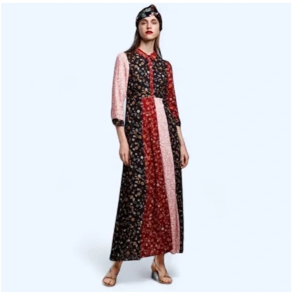 Zara Floral Patchwork Long Sleeve Maxi Dress in Black and Red